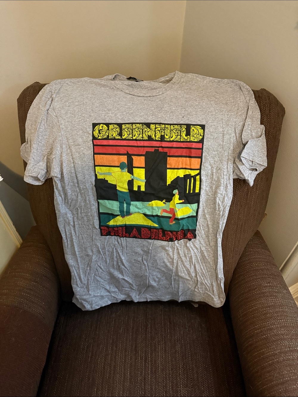 District Gray Tee with Multicolor Retro City Graphic
